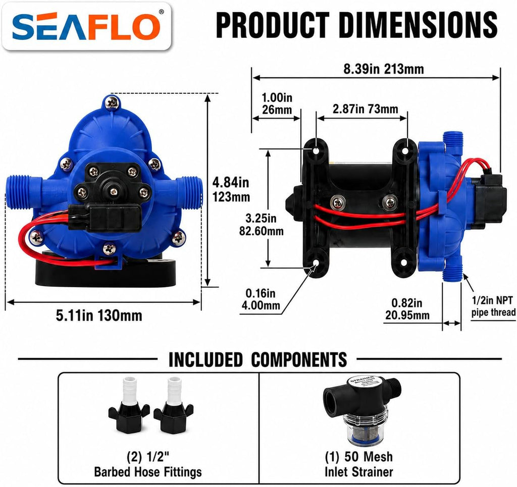 SEAFLO 33-Series Diaphragm Water Pressure Pump (12V | 3.0 GPM | 45 PSI), Blue Housing