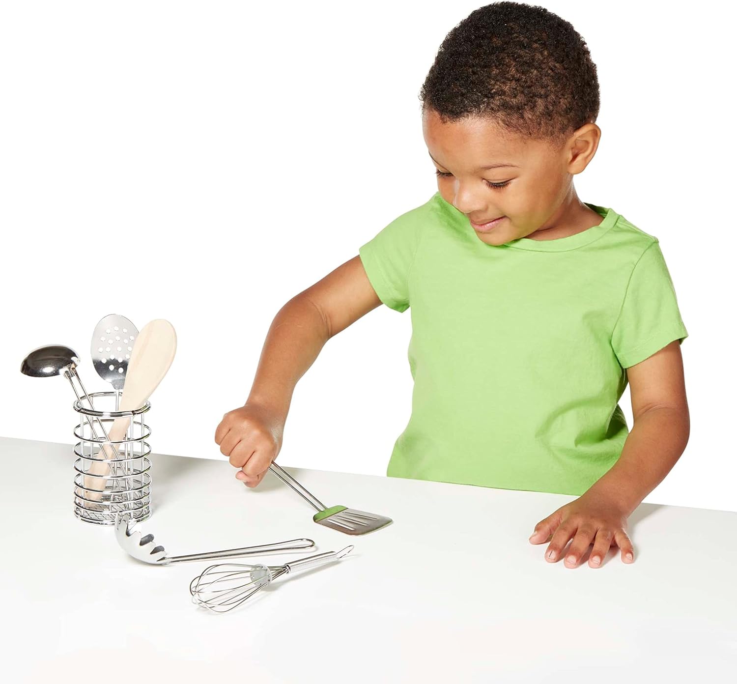 Melissa & Doug Stir & Serve Cooking Utensils (7 pcs) - Stainless Steel & Wooden Play Kitchen Accessories, Preschool