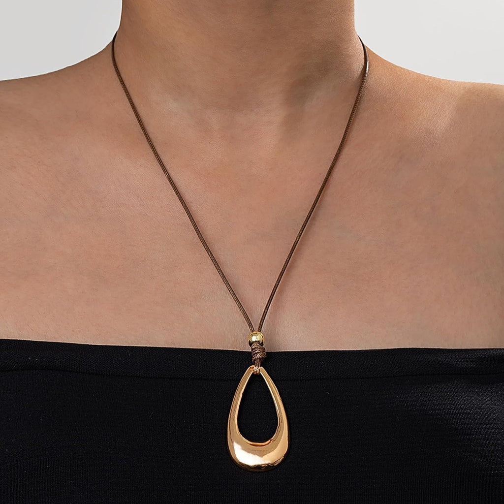 Boho Hollow Teardrop Necklace for Women Gold Waterdrop Pendant Necklace Geometric Hollow Square Statement Necklace