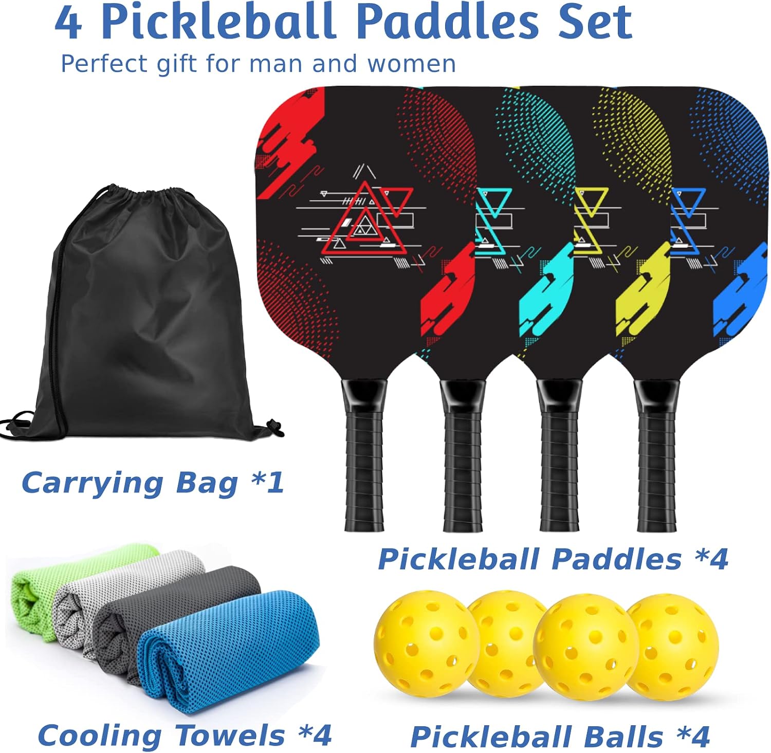 Pickleball Paddles Set of 4, Wood Pickleball Set with Comfort Grip | 4 Cooling Towels, 4 Pickleball Balls & Carry