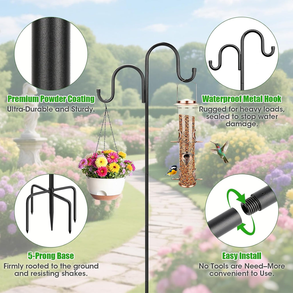 79 Inch Double Shepherds Hooks for Outdoor, Heavy Duty Bird Feeder Pole with 5 Prongs Base for Hanging Lantern