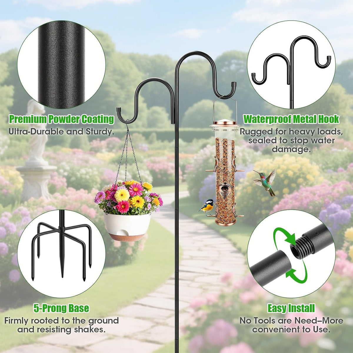 79 Inch Double Shepherds Hooks for Outdoor, Heavy Duty Bird Feeder Pole with 5 Prongs Base for Hanging Lantern
