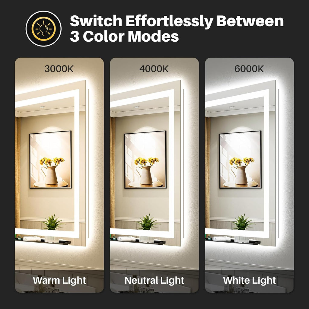 40x32 Inch LED Bathroom Mirror with Lights, Backlit & Front Lit | Anti-fog, 3 Color Dimmable, Memory Function, HD