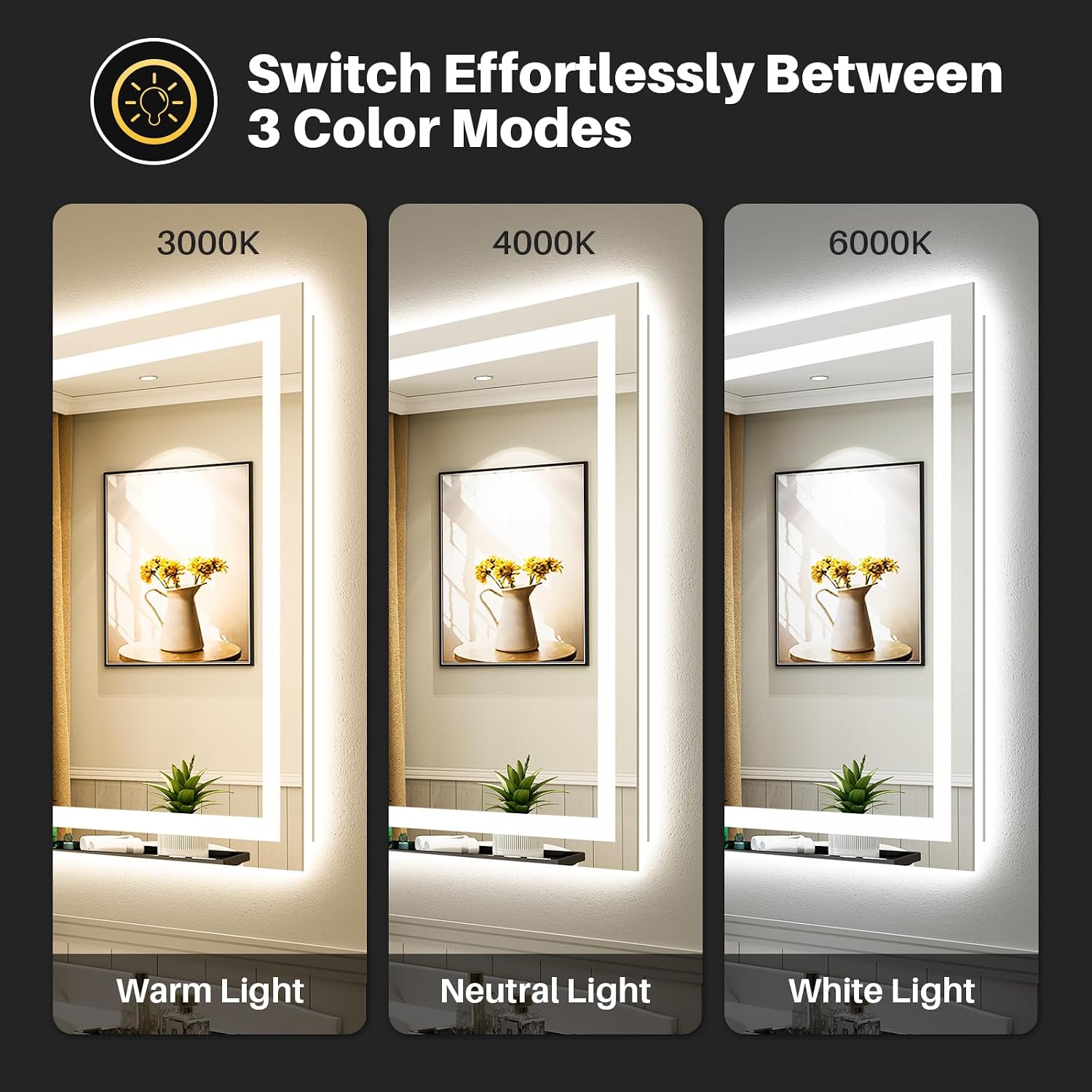 40x32 Inch LED Bathroom Mirror with Lights, Backlit & Front Lit | Anti-fog, 3 Color Dimmable, Memory Function, HD