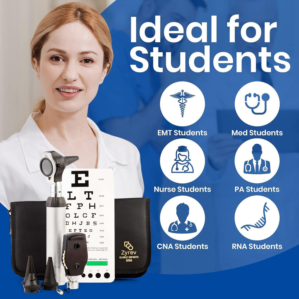 2 in 1 Otoscope Oph Set - Perfect for Nursing & Medical Students with Carry Case, Sight Chart & Replacement Ear