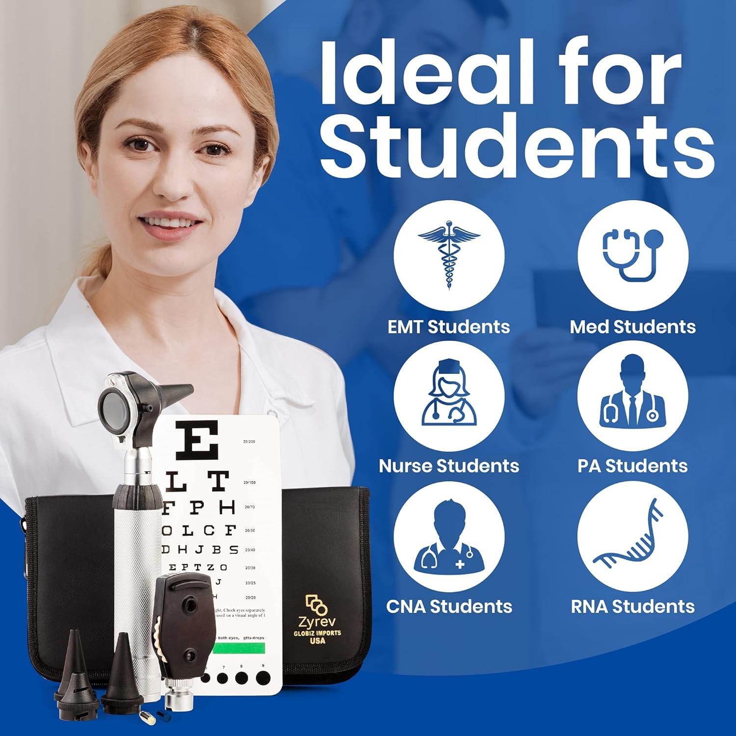 2 in 1 Otoscope Oph Set - Perfect for Nursing & Medical Students with Carry Case, Sight Chart & Replacement Ear