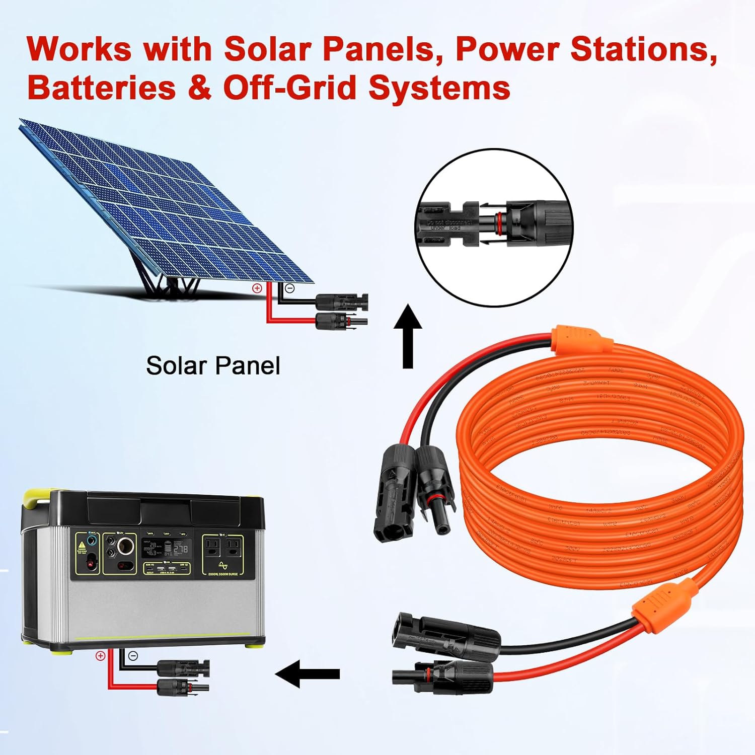 Solar Extension Cable 10FT, 14AWG Tinned Copper with Solar Panel Connectors, 10AWG Red & Black Branch Wires, Heavy