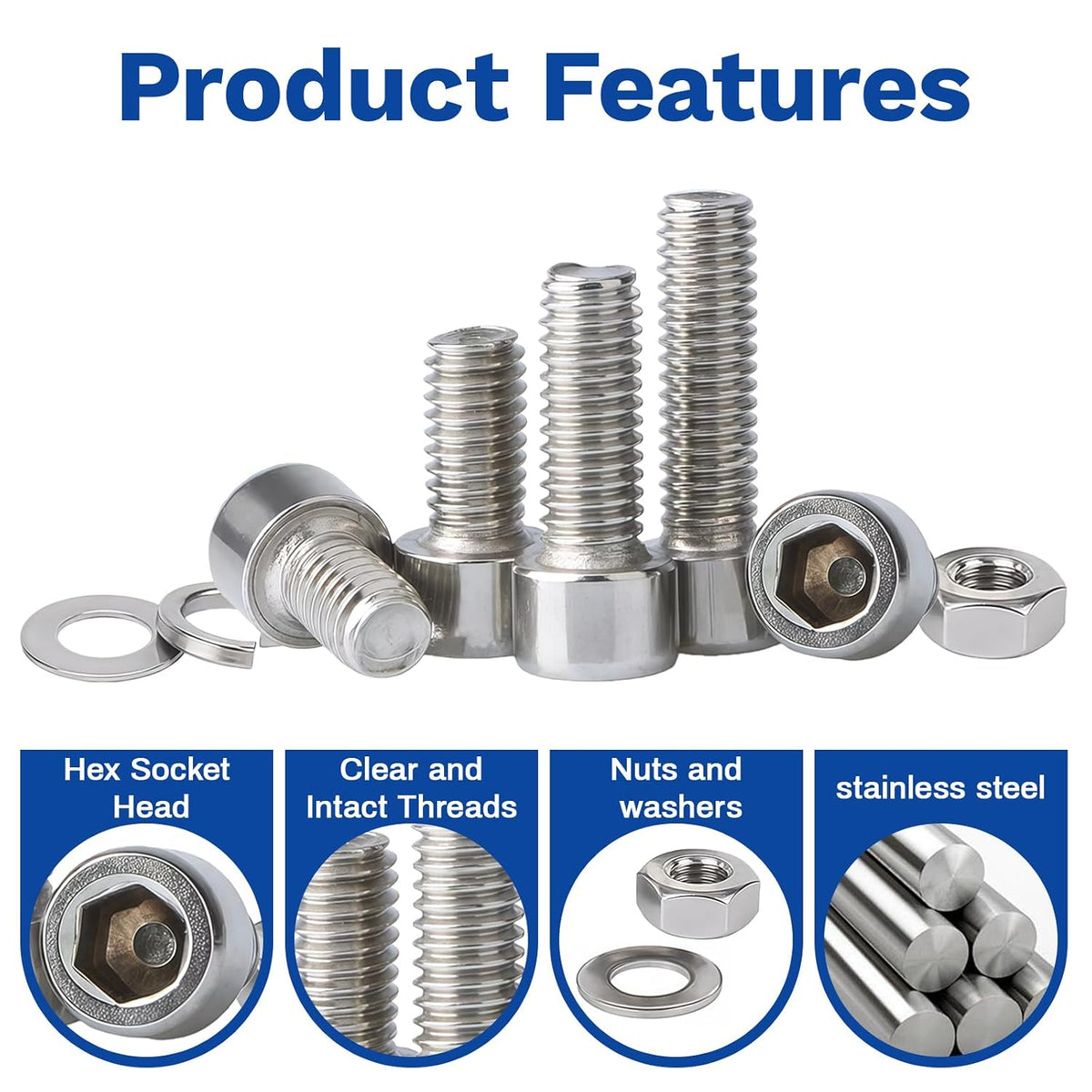 80Pcs M8 201 Stainless Steel Hex Socket Cap Bolt & Nut Set