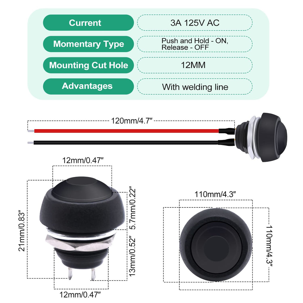 Twidec/6Pcs 12mm Momentary Push Button Switch 1/2" Mounting Hole On Off Mini Round Waterproof Black with Pre-soldered Wires PBS-33B-BK-X