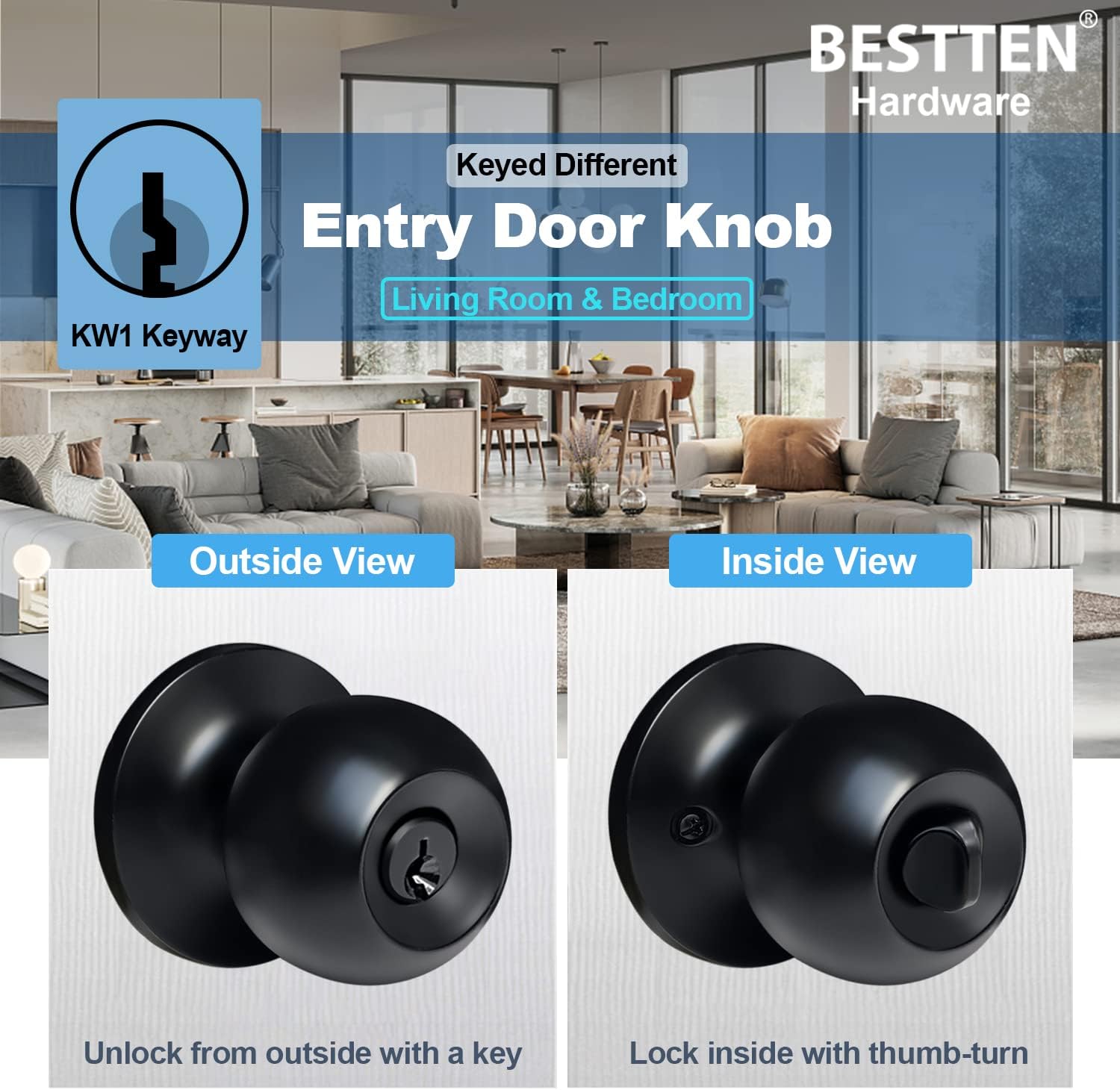 2 Pack Door Knob with Lock and Key, Keyed Different, Matte Black | Entrance Door Lock, Standard Ball