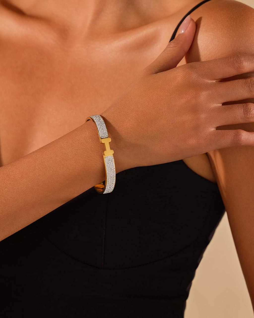 18K Gold Plated Bangle Bracelets for Women Stainless Steel with Cubic Zirconia Fashion Jewelry