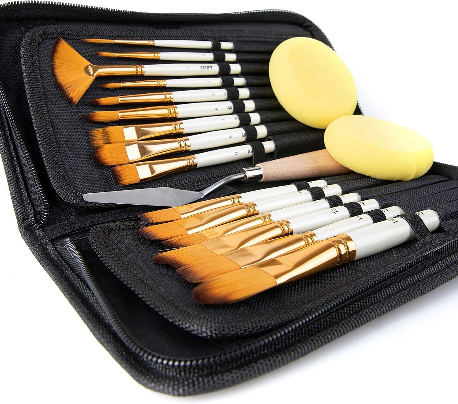 18 Piece Paint Brush Set, ARTIFY 15 Acrylic Paint Brushes, Palette Knife, and 2 Sponges, Professional Artist Paint