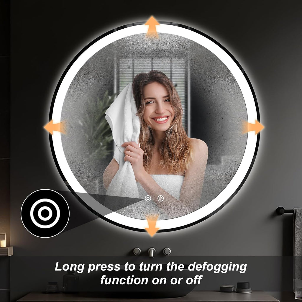 36 Inch Round LED Bathroom Mirror with Lights, Circle Vanity Mirror | Anti-Fog, Dimmable, 3-Color Light, Front Light