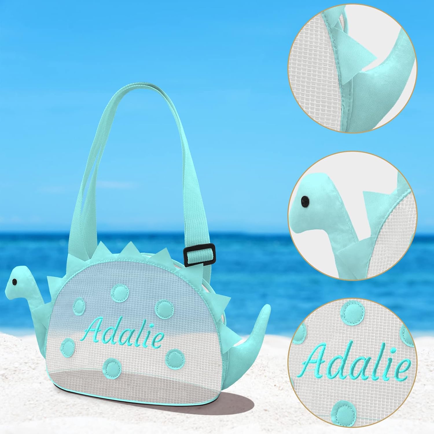 Beach Shell Bags Kids Mesh Personalized 3 Pack Dinosaur Shaped Shell Collecting Bag Kids Beach Toys Organizer with
