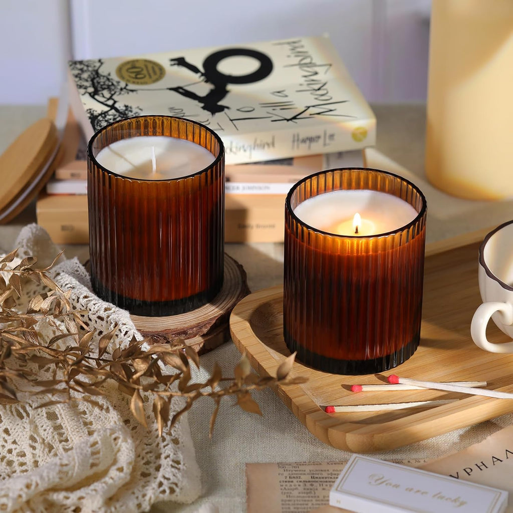 Amber Candle Jars with Lids, 8-Pack 12oz Ribbed Glass Candle Containers | Versatile decorative holder set, ideal for