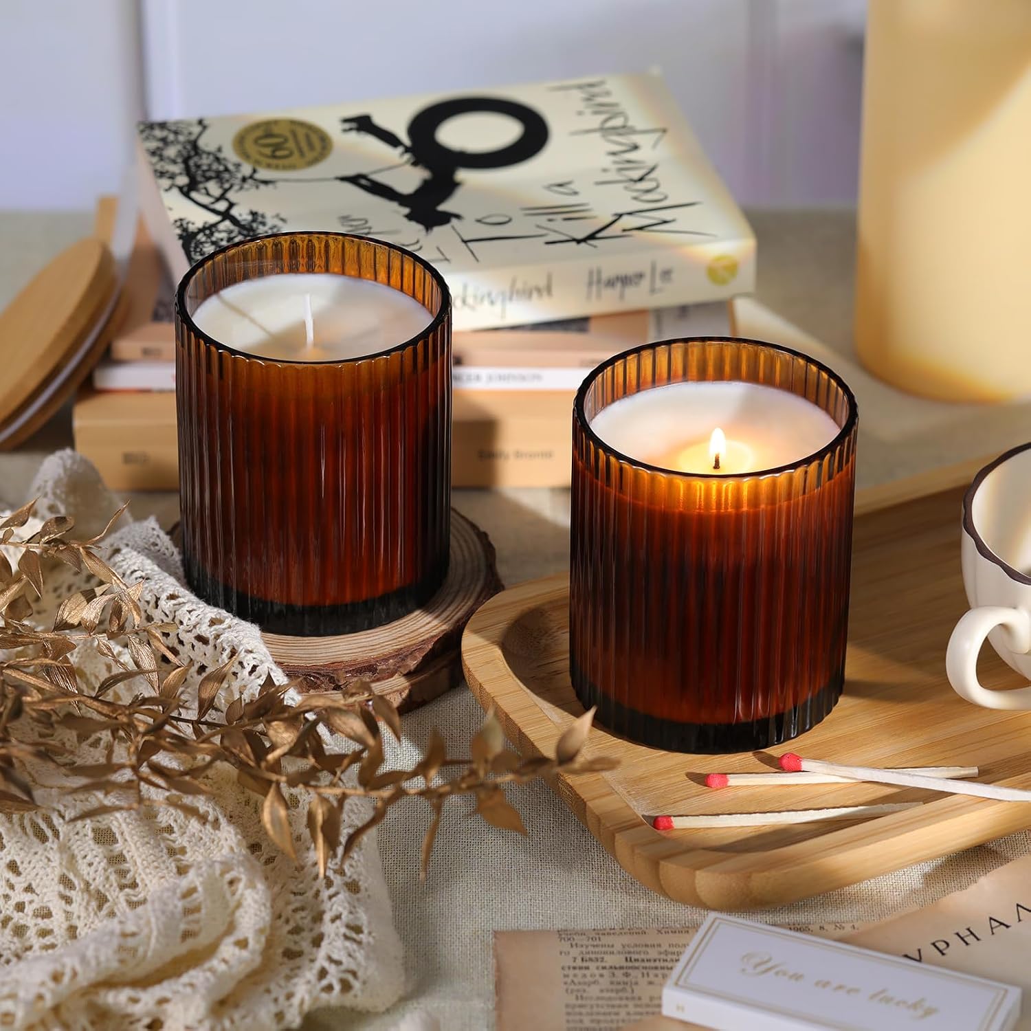 Amber Candle Jars with Lids, 8-Pack 12oz Ribbed Glass Candle Containers | Versatile decorative holder set, ideal for