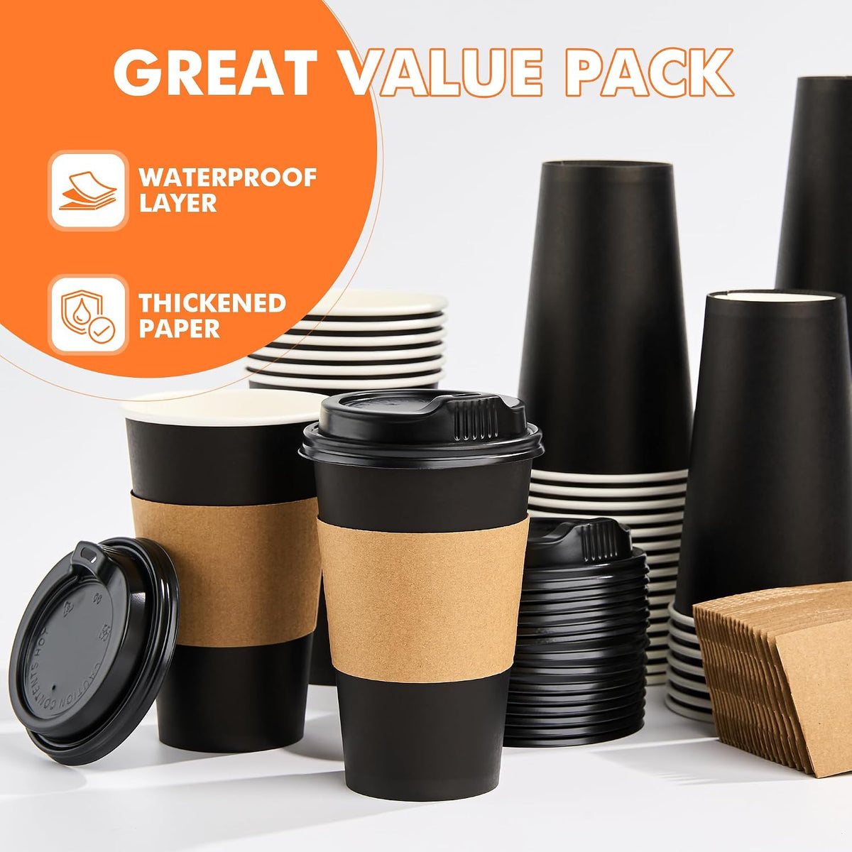 100 Pack 16 oz Disposable Coffee Cups with Lids and Sleeves