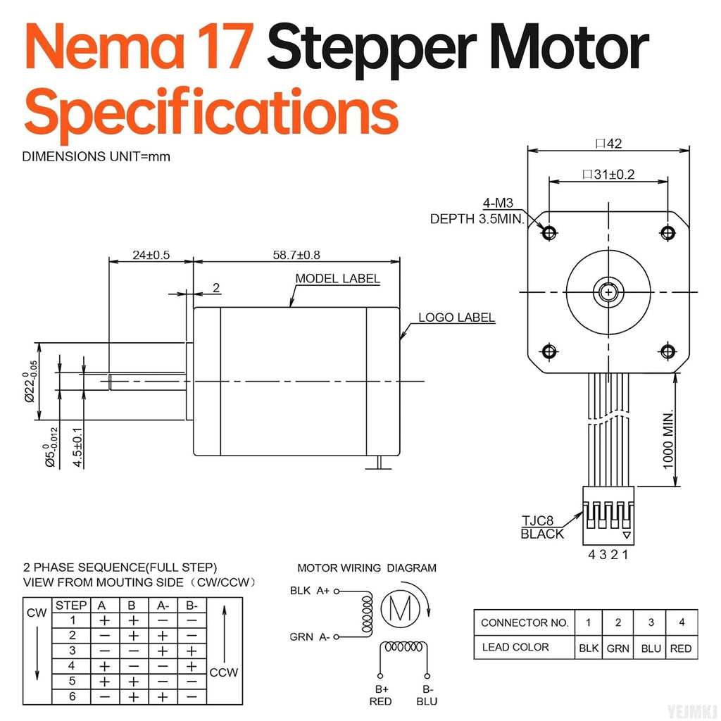 Nema 17 Stepper Motor 42x60mm 0.84Nm (118.95oz·in) 2.3A 1.5Ω Bipolar