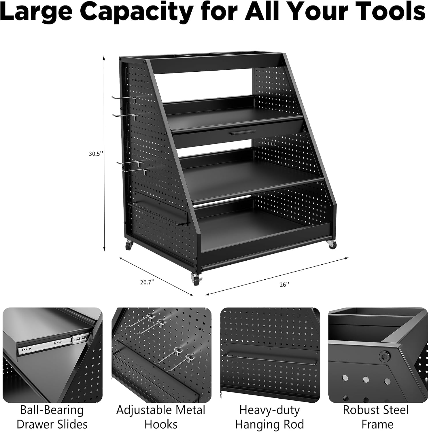4-Tier Heavy Duty Rolling Tool Cart with Pegboard & Sliding Tray, 440 LBS Load Capacity Steel Utility Cart on