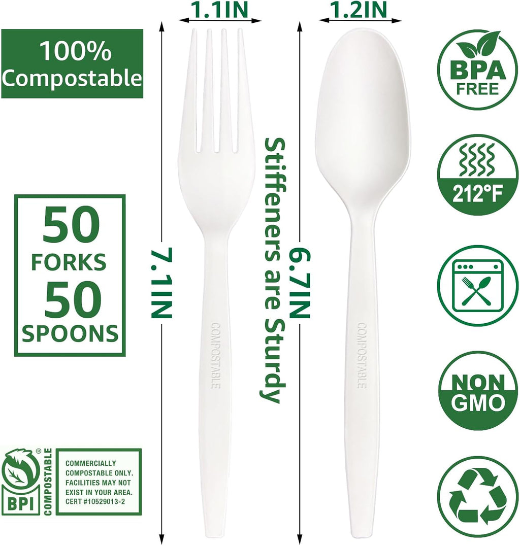 [7.1In 100Pcs] 100% Compostable Forks and Spoons Biodegradable Forks and Spoons HeavyDuty No Plastic Fork and Spoon