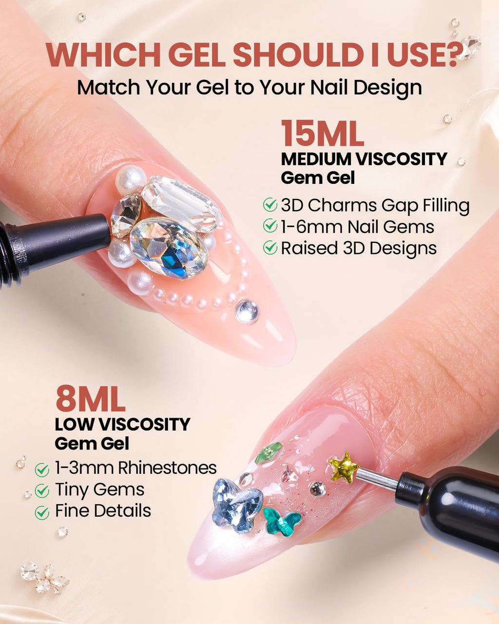 Nail Rhinestone Glue Kit, Strong Hold UV/LED Gel, 15ml + 8ml