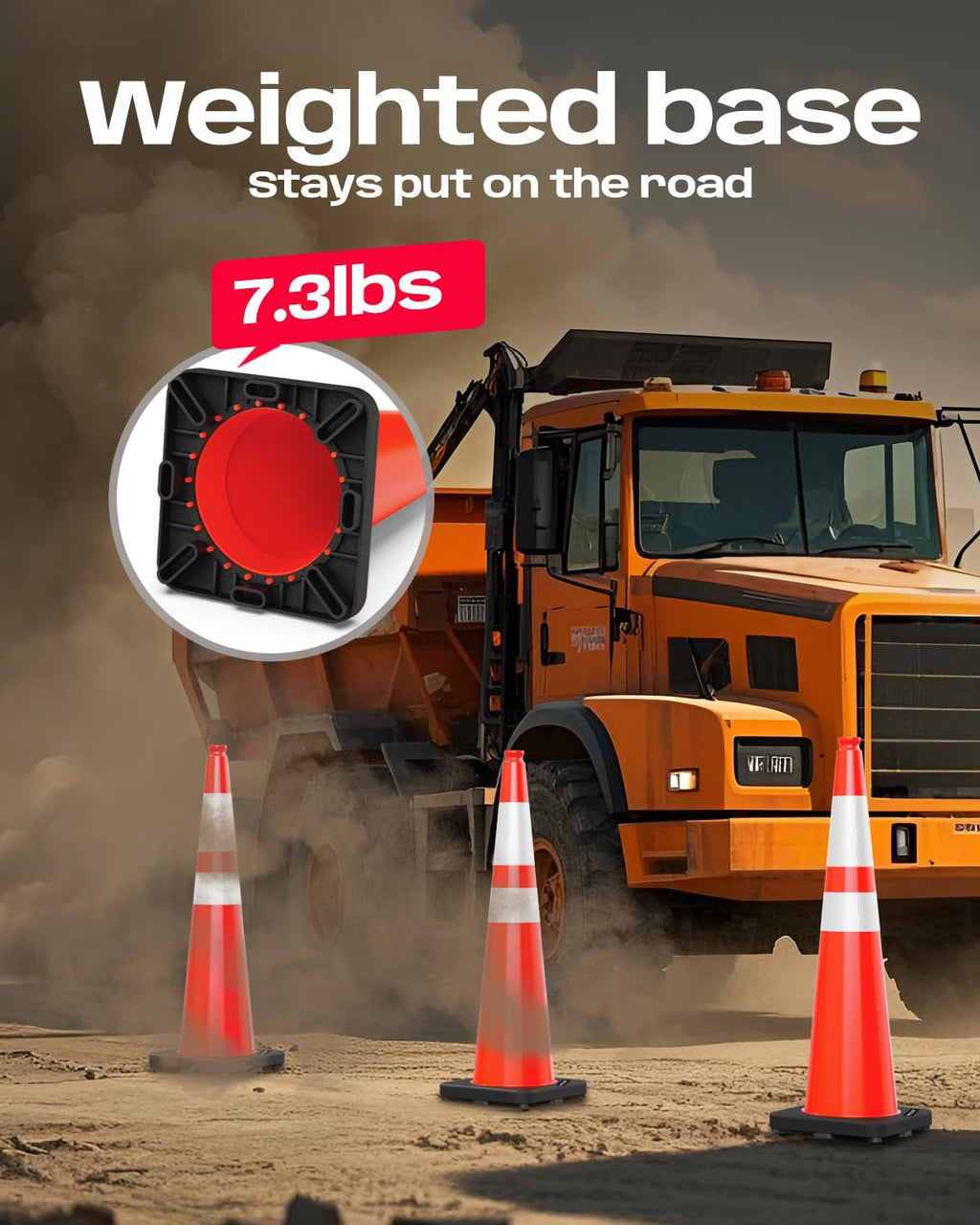 5 Pack 36 Inch Traffic Cones, Orange PVC, Black Weighted Base | 7.3-lb black weighted base; PVC safety cone with 2