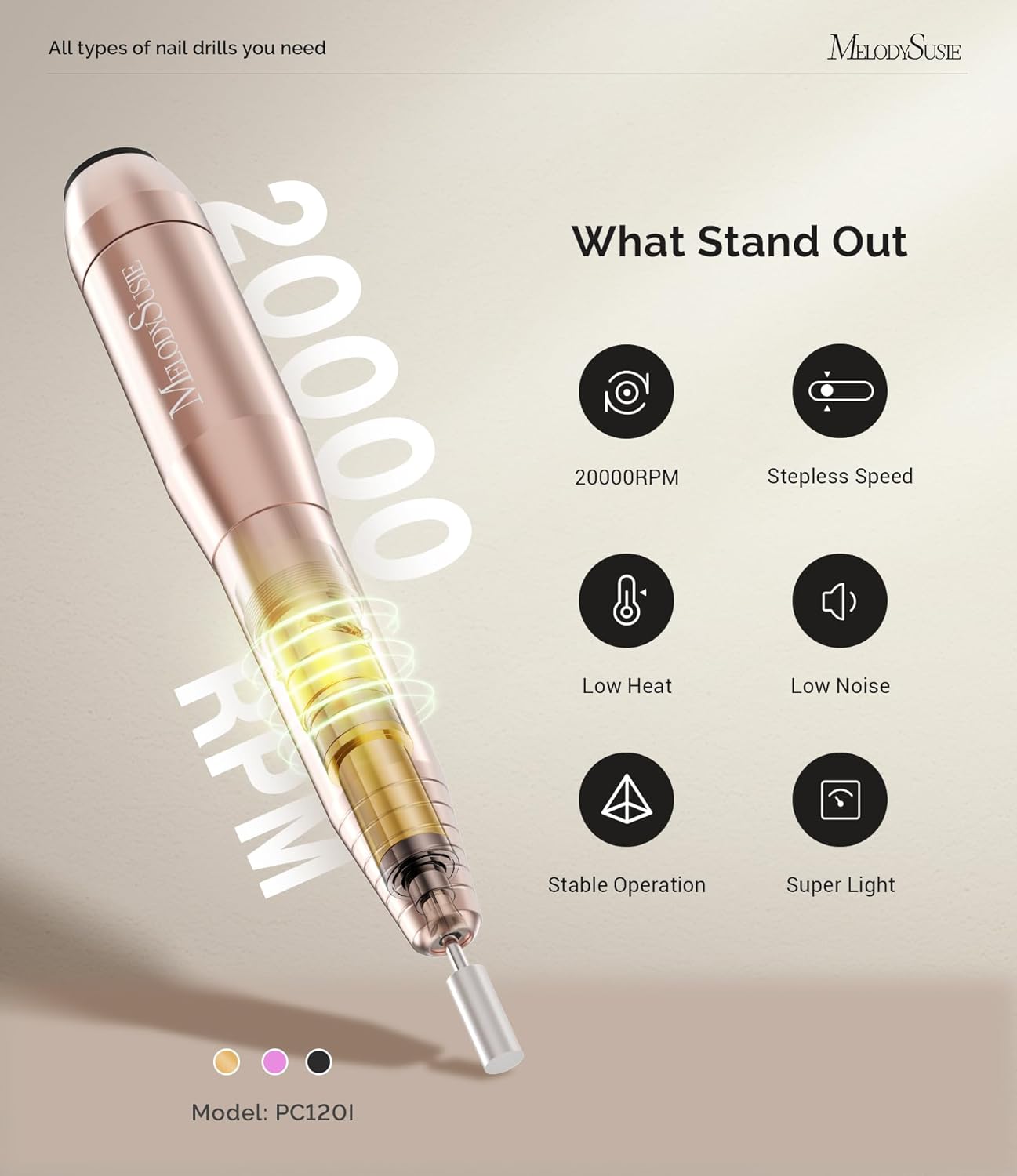 Pen-Shaped Portable USB Nail Drill, PC120I 20000RPM Electric Nail File with Compact Design for All Nail Care