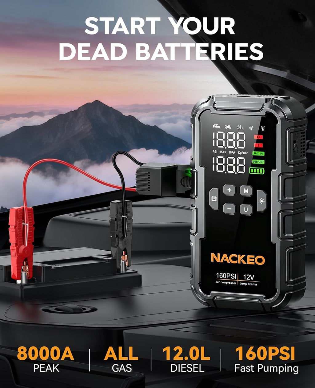 8000A Car Battery Jump Starter with Air Compressor 160PSI, Car Jumper Starter Portable (All Gas 12L Diesel), 12V Jump