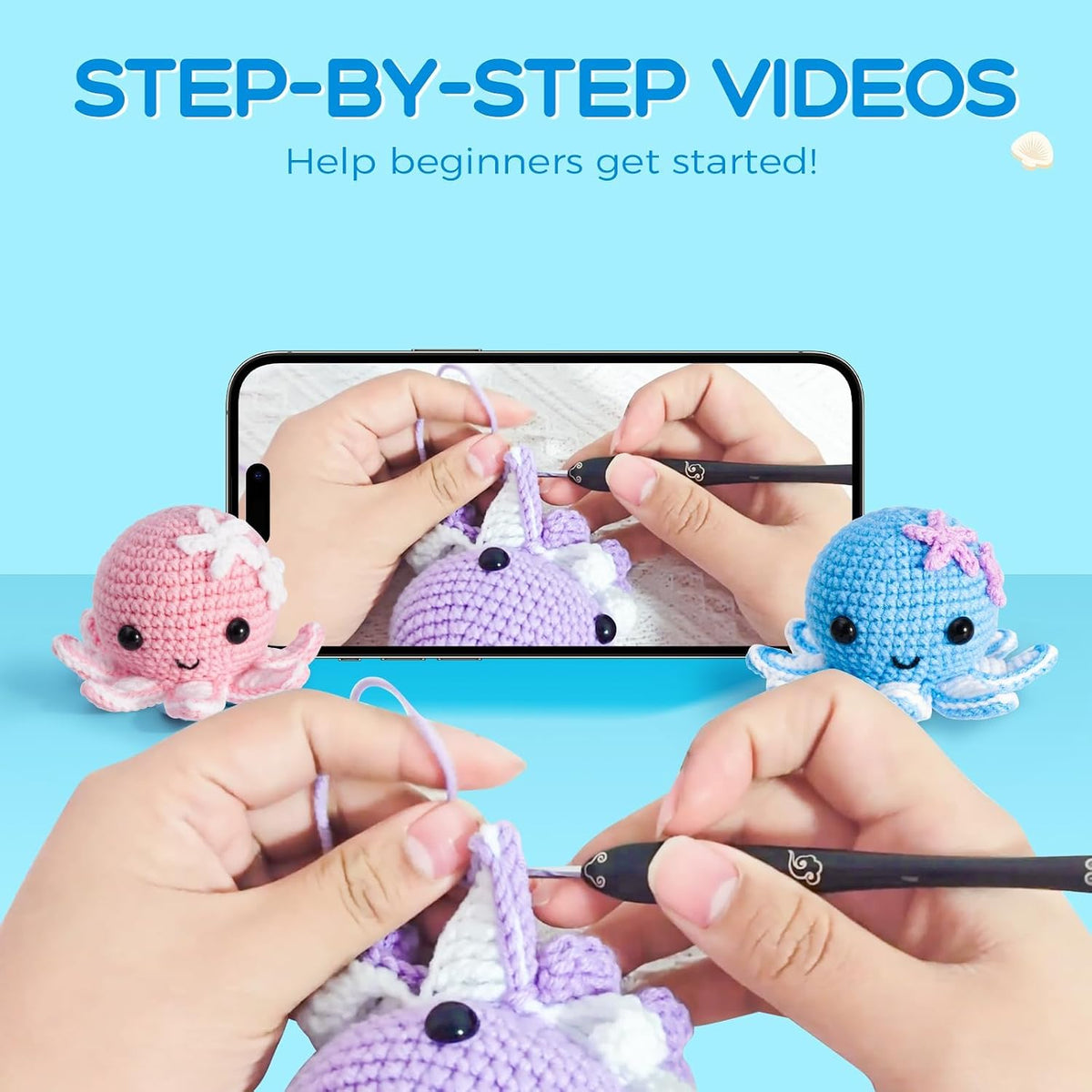 Crochet Kit for Beginners: Make 3 Cute Amigurumi Animals with Easy-to-Follow Video Tutorial, Complete Beginner