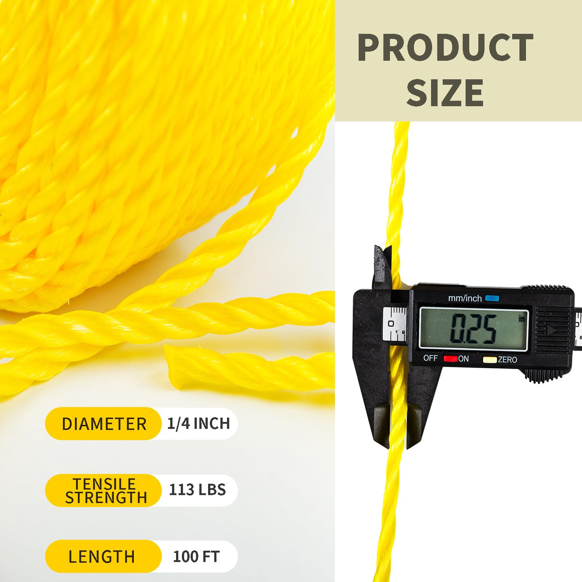 1/4 Inch × 50 FT Yellow Twisted Polypropylene Rope