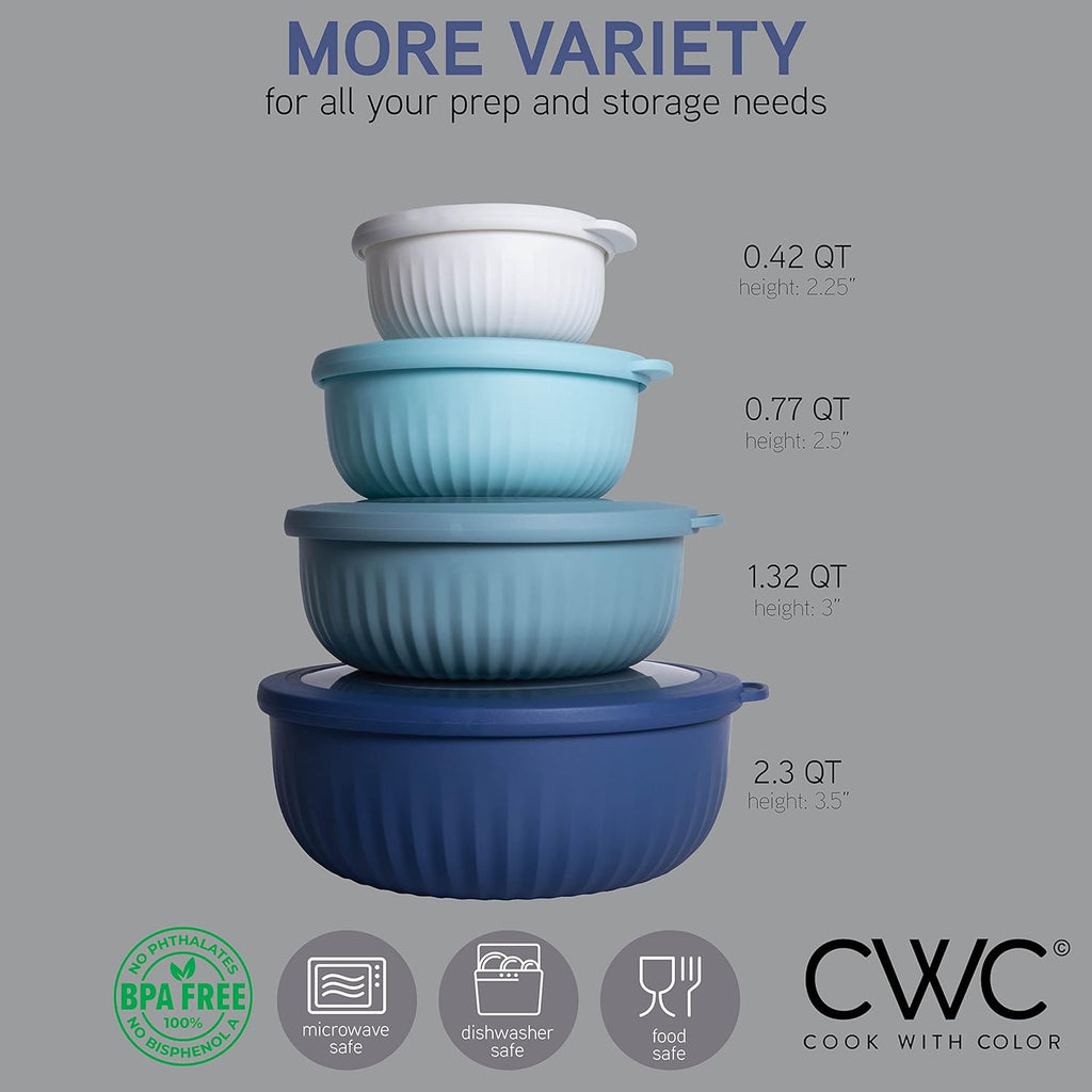 Prep Bowls with Lids- Wide and Deep Nesting Plastic Small Mixing Bowl Set with Lids, 8 Piece Set - Wide Bowls, Blue