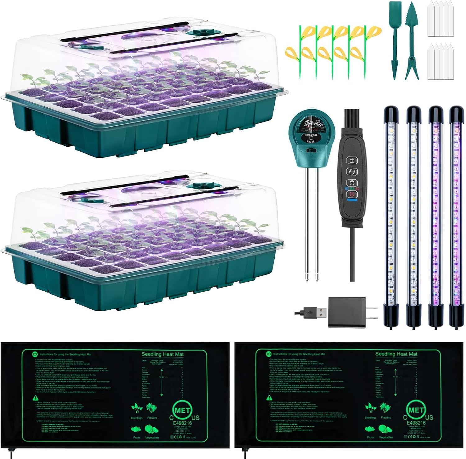 Seed Starter Tray with Grow Lights and Heat Mat, 3-in-1 Soil Meter, 80-Cell Seed Growing Tray, Germination & Plant