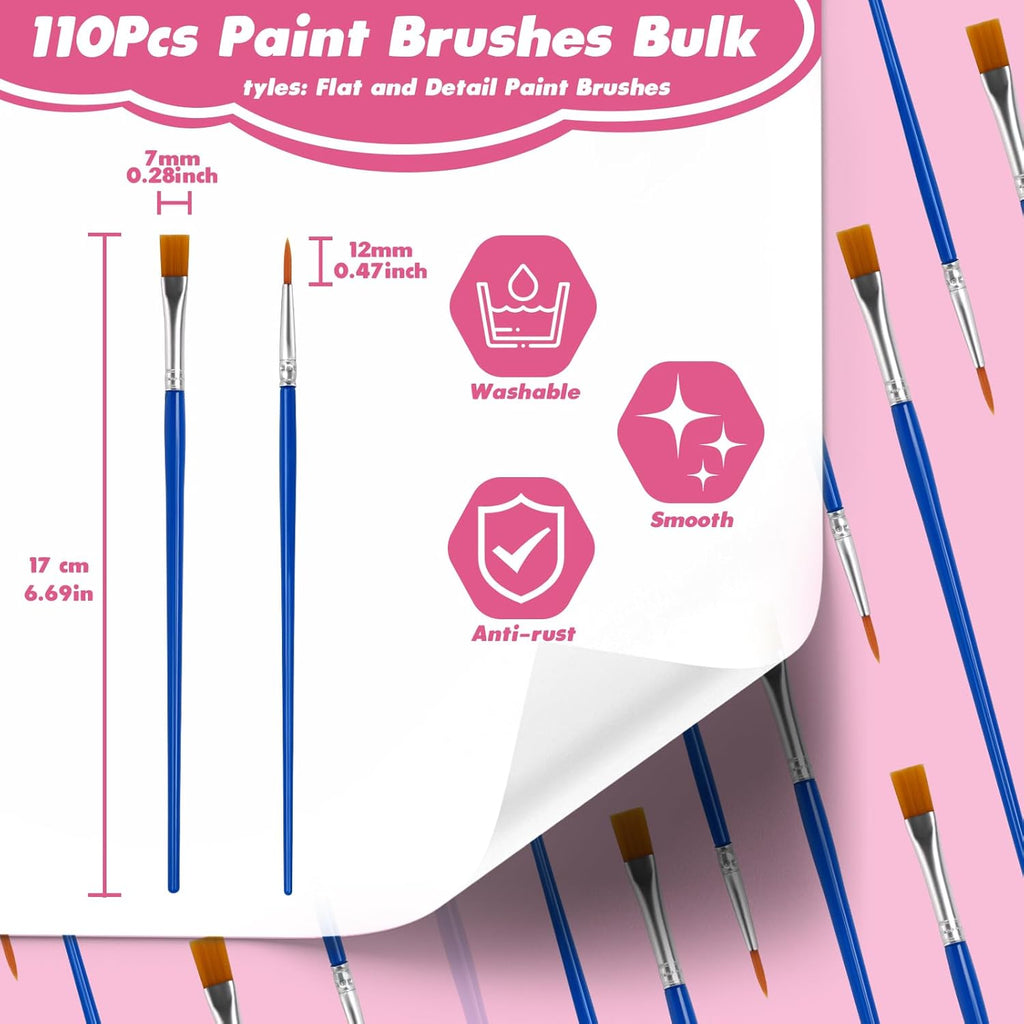 Small Paint Brushes Bulk, 110 Pcs Flat Tip Round Acrylic Paint Brushes for Kids Classroom Acrylic Watercolor Canvas