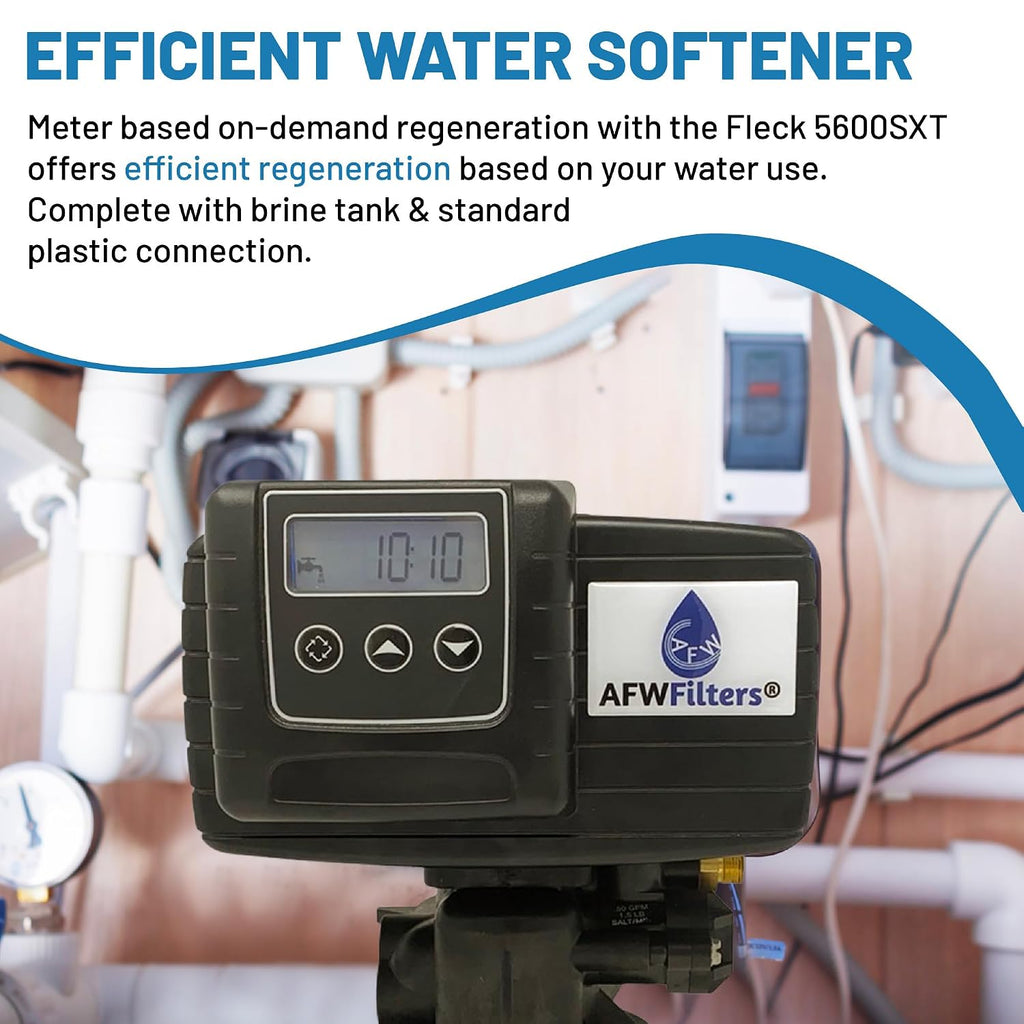 AFW Premium Fleck Whole House 64k Water Softener System - Upgraded 10% Resin 5600sxt Metered On-Demand - Efficient