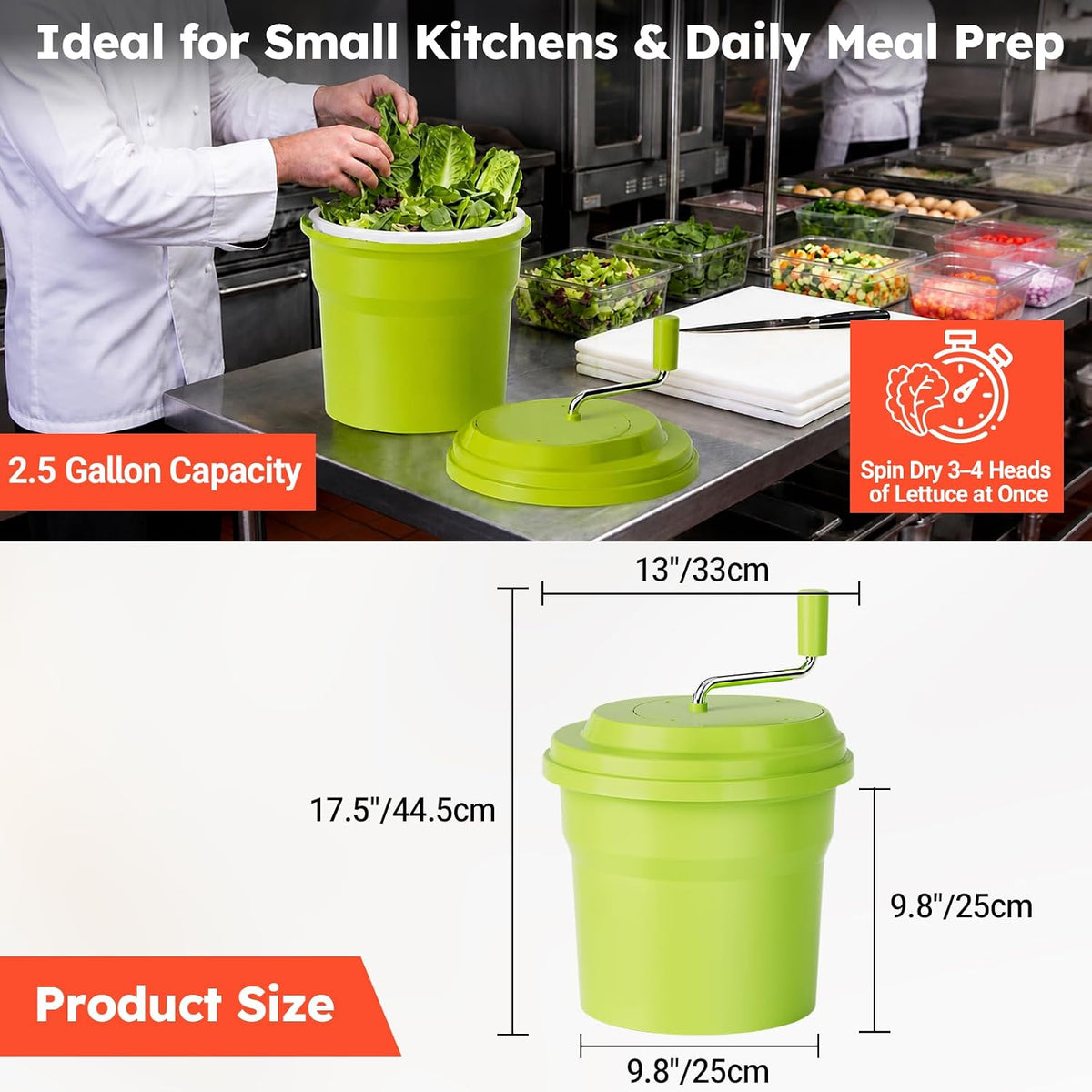 Commercial Salad Spinner, 2.5 Gallon (10QT) Heavy Duty Vegetable Dryer with Ergonomic Aluminum Handle, Sealed