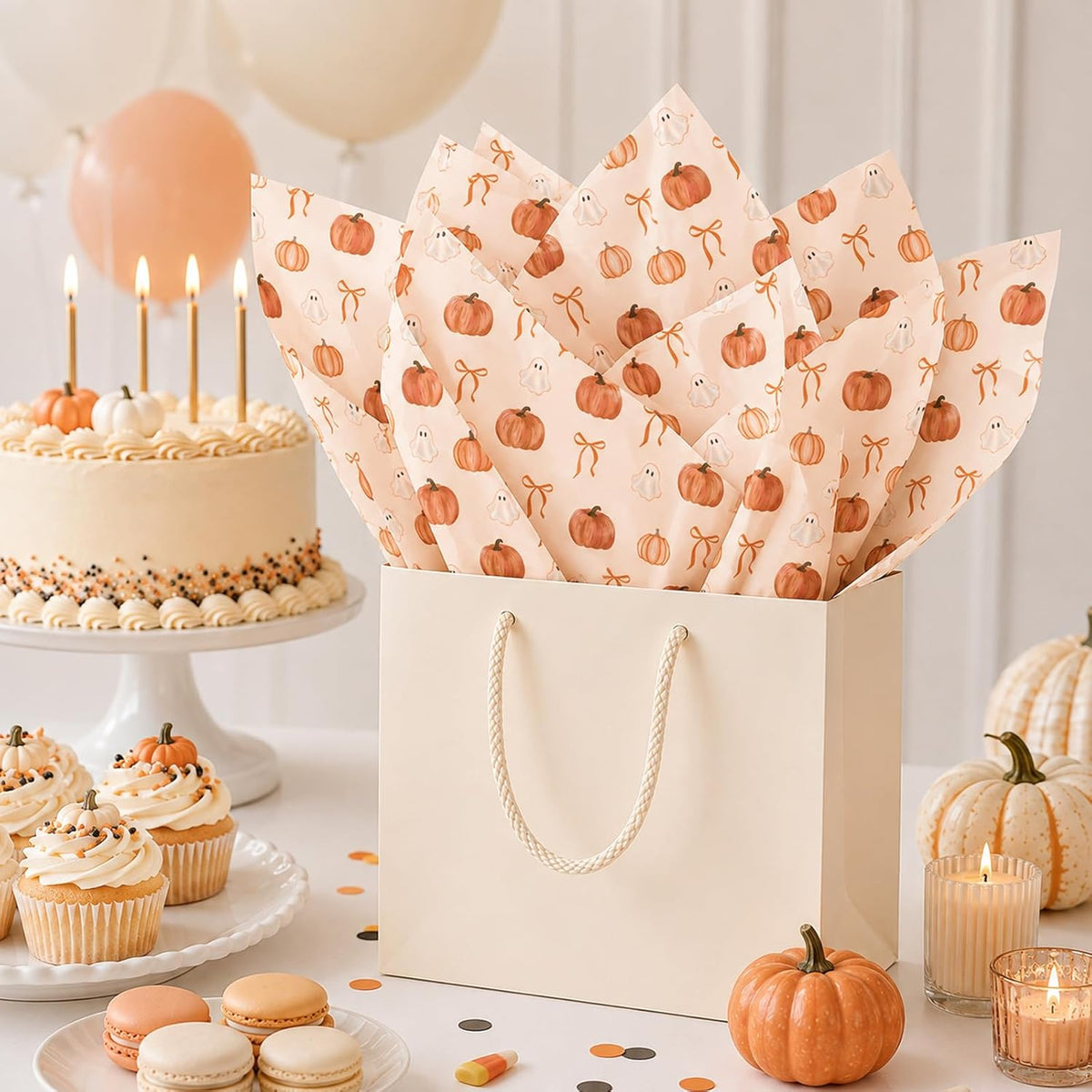 60 Sheets Halloween Tissue Paper, Orange Bow Ghost Pumpkin