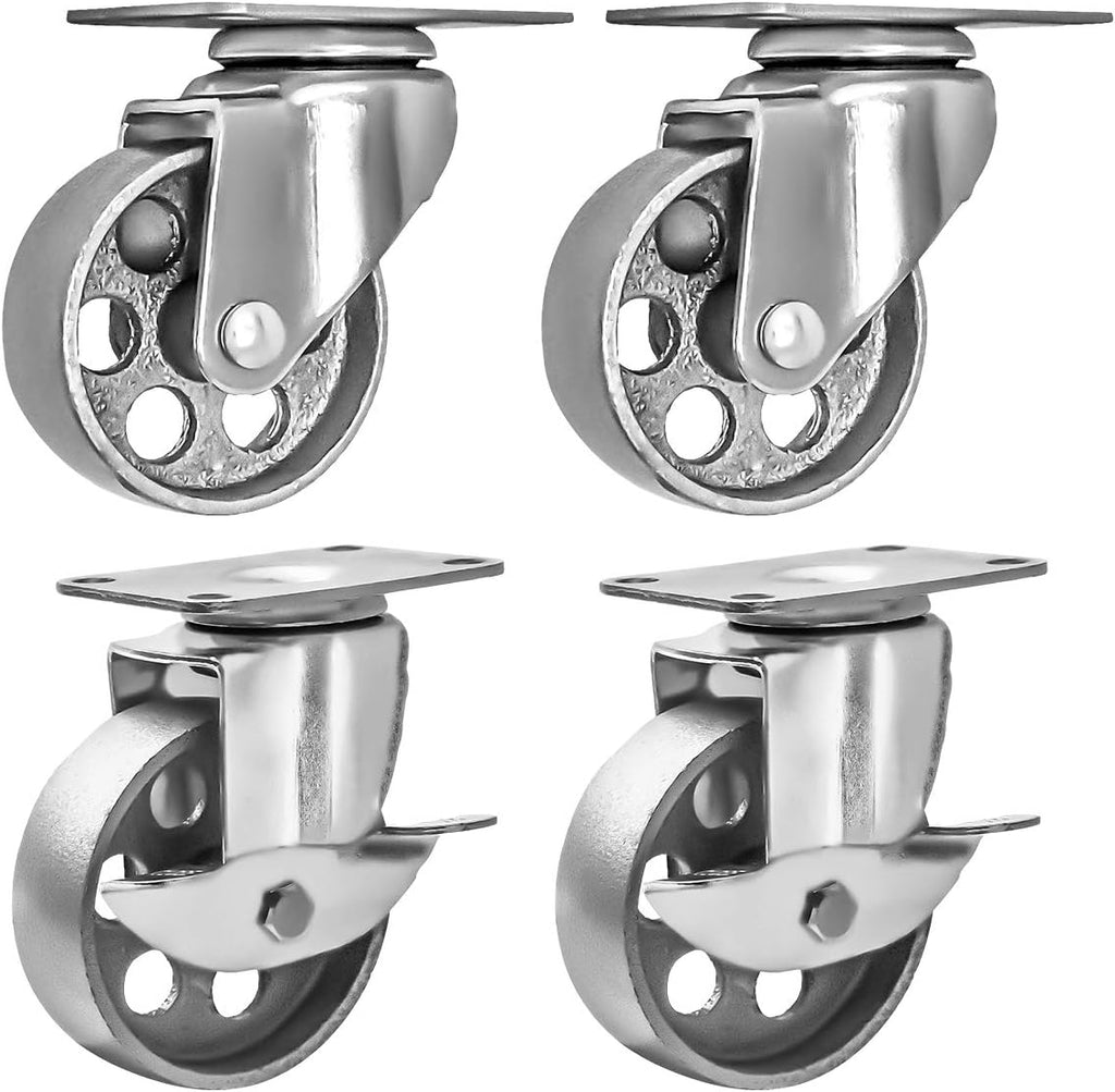 4 All Steel Swivel Plate Caster Wheels w Brake Lock Heavy Duty High-Gauge Steel Gray (3" Combo)