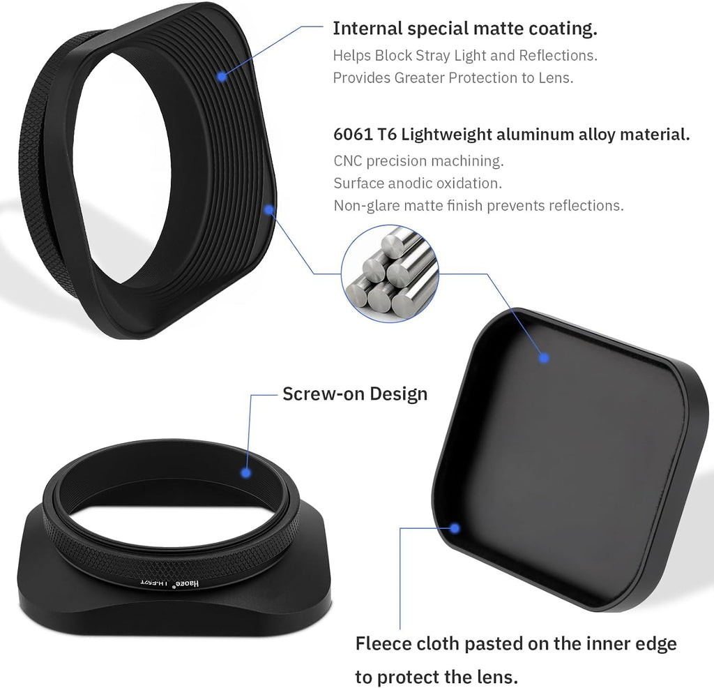 LH-E52T 52mm Square Metal Screw-in Lens Hood with Cap for 52mm Canon Nikon Sony Leica Voigtlander Nikkor Panasonic