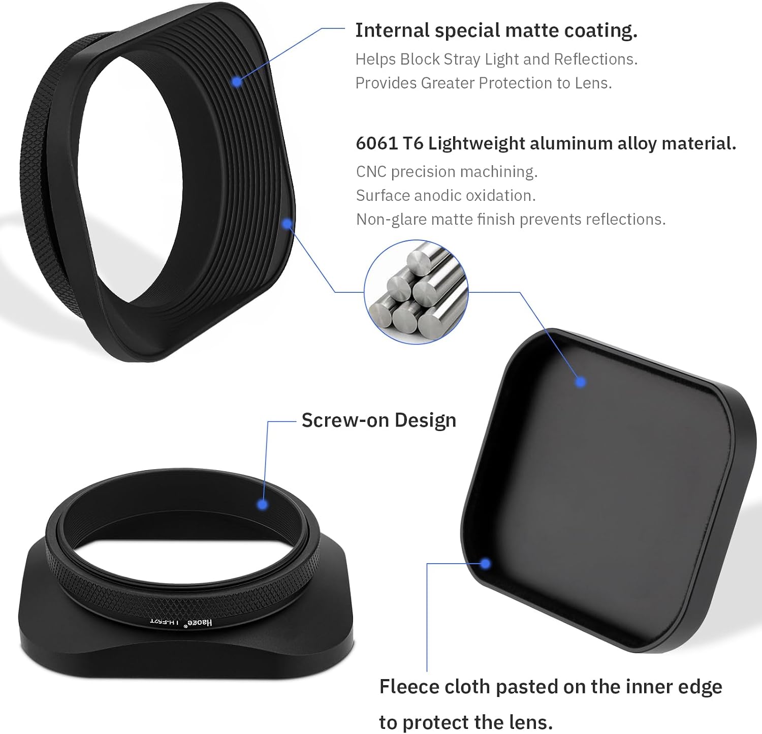 LH-E52T 52mm Square Metal Screw-in Lens Hood with Cap for 52mm Canon Nikon Sony Leica Voigtlander Nikkor Panasonic