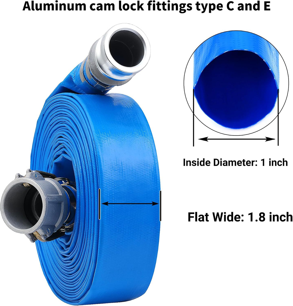1 inch x 50ft PVC Lay Flat Discharge Hose With Aluminum Camlock C & E