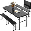 Folding Table with 2 Benches Set, 6FT Picnic Table with 2 Chairs, 3pcs Plastic Camping Tables and Foldable Bench Sets