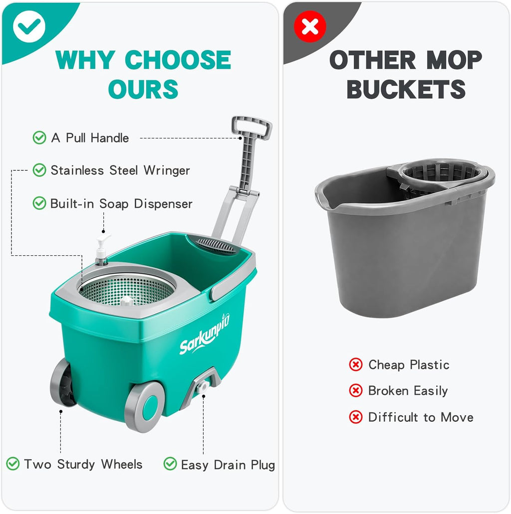 Mop and Bucket Set with Wringer, Spin Mop Floor Cleaning System with 6 Replacement Microfiber Heads & 61" Extra-Long