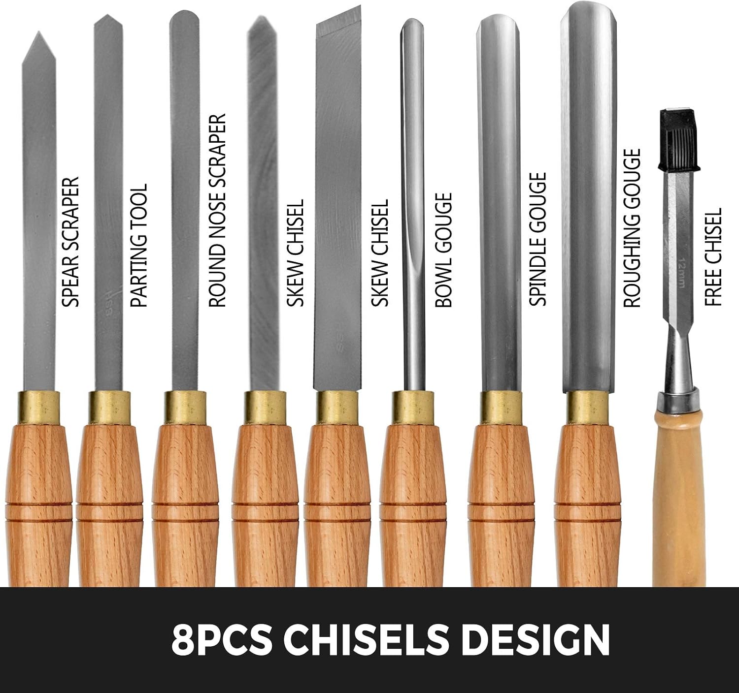 Woodworking Lathe Chisel Set 8 Pieces HSS Steel Blades Wood Turning Tools Wooden Case for Storage for Carving Root