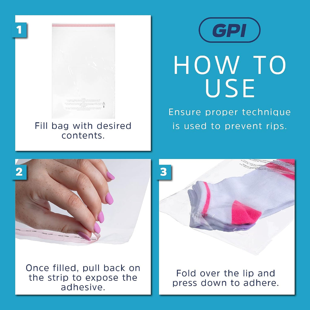 13" x 17" Self Seal Poly Bags, Large, 100 Pack, 1.5 Mil, for Shipping, GPI