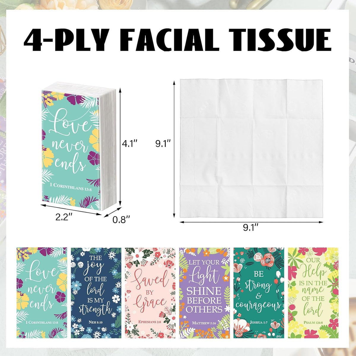 60 Pack Christian Pocket Tissues Bible Verse Tissues, Flower Style