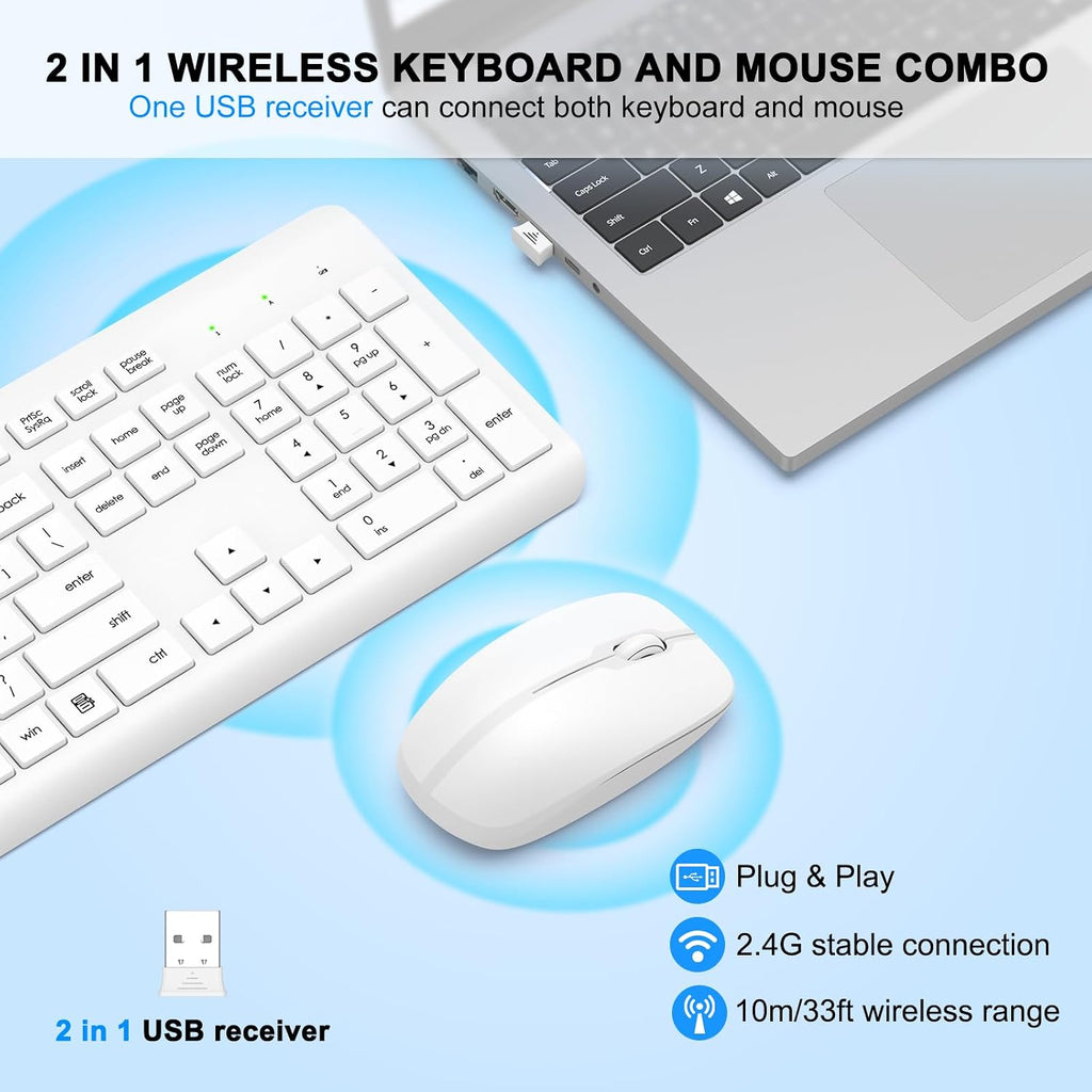 Wireless Keyboard and Mouse Combo, Full Size Silent Ergonomic Keyboard and Mouse, Long Battery Life, Optical Mouse
