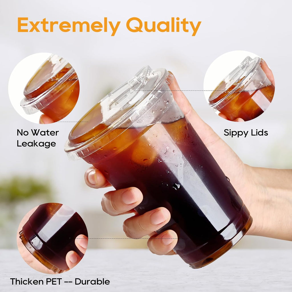 16oz Plastic Cups with Lids, 200 Pack, Iced Coffee Cups with Lids