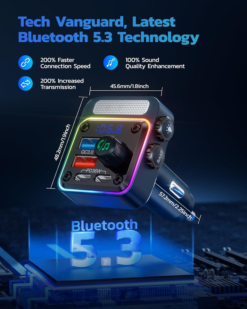 54W Bluetooth 5.3 Car Adapter, FM Transmitter 4-Port Fast Charging | Wireless FM Radio Music Player with Deep Bass, 5