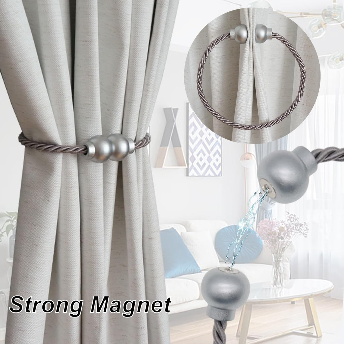 2Pcs Magnetic Curtain Tiebacks Modern Handmade Rope Curtain Tie Backs Grey
