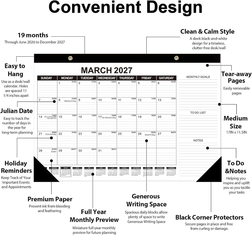 Desk Calendar 2026-2027 (Jun. 2026 - Dec. 2027), 19 Months Calendar 17" × 11.5" Desktop Planner with Julian Date